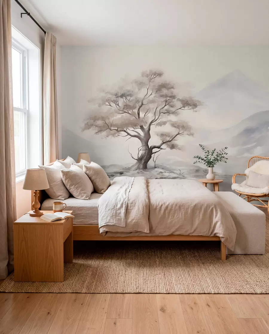 wall murals Минималистички цртеж усамљеног, искривљеног дрвета у пустом, стеновитом пејзажу са планинама у позадини w08604