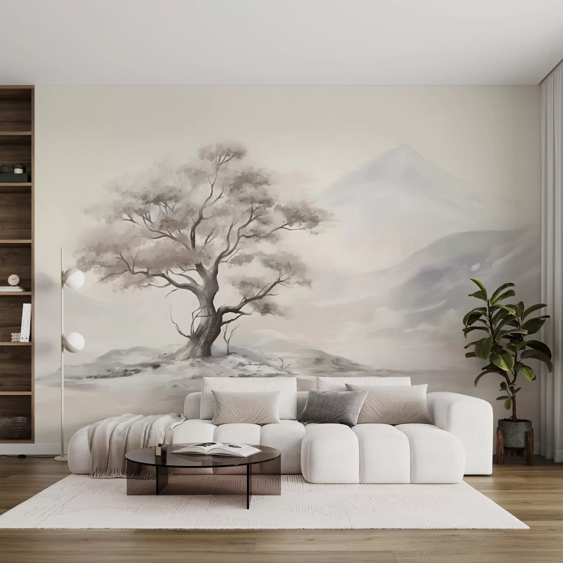 wall murals Минималистички цртеж усамљеног, искривљеног дрвета у пустом, стеновитом пејзажу са планинама у позадини w08604