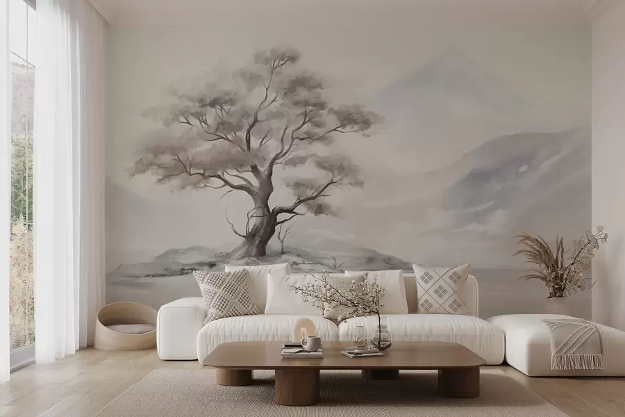 wall murals Минималистички цртеж усамљеног, искривљеног дрвета у пустом, стеновитом пејзажу са планинама у позадини w08604