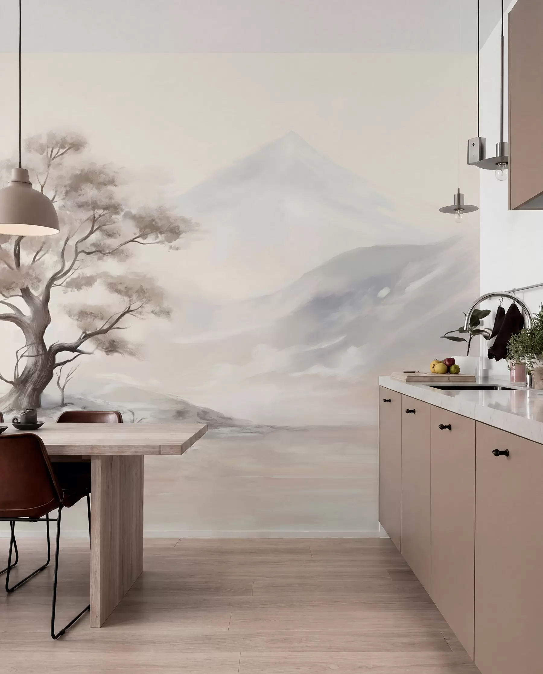 wall murals Минималистички цртеж усамљеног, искривљеног дрвета у пустом, стеновитом пејзажу са планинама у позадини w08604