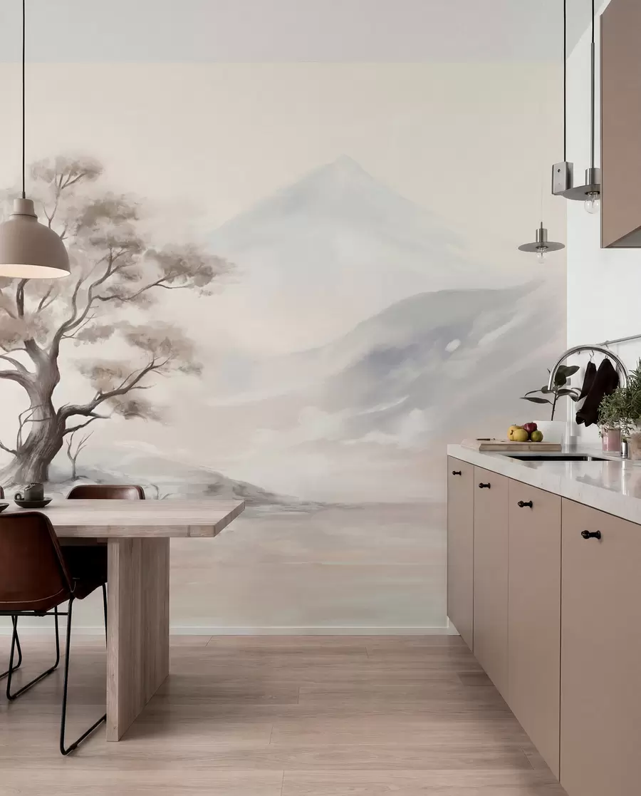 wall murals Минималистички цртеж усамљеног, искривљеног дрвета у пустом, стеновитом пејзажу са планинама у позадини w08604