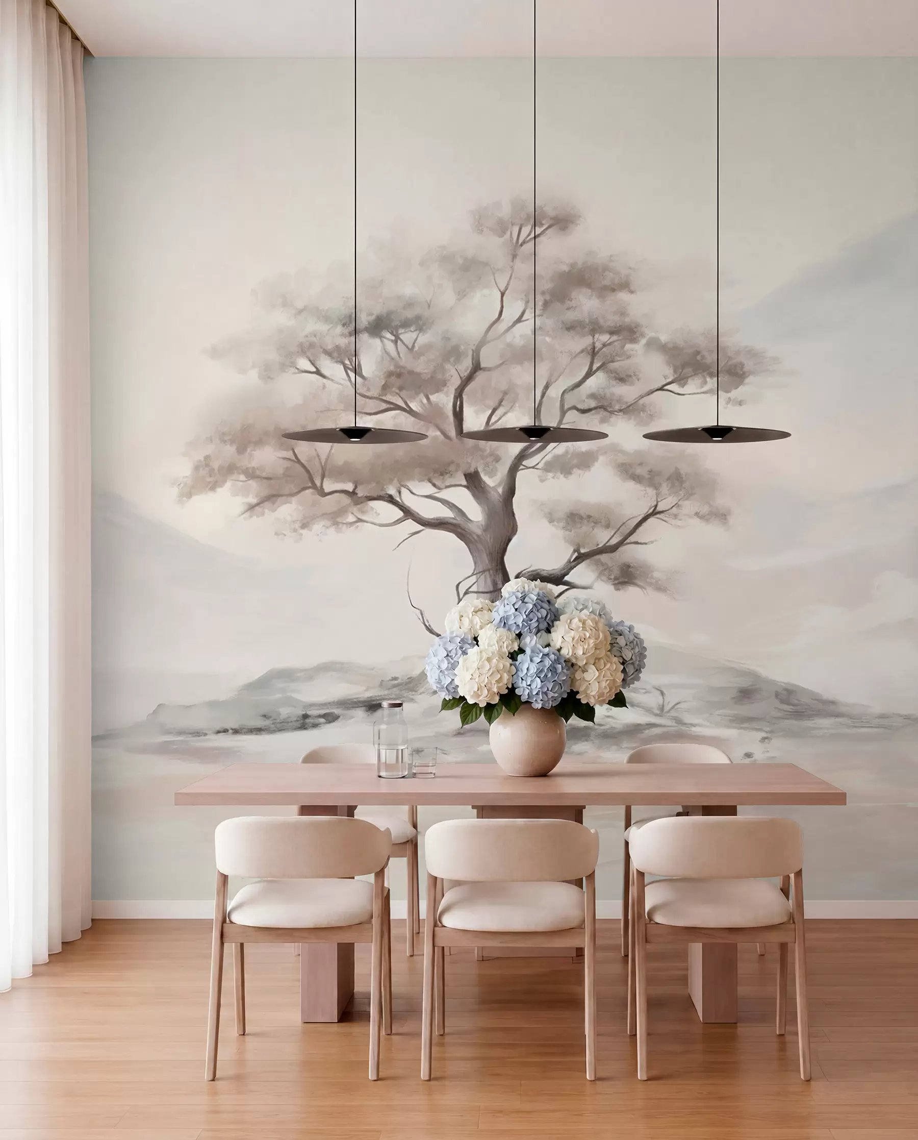 wall murals Минималистички цртеж усамљеног, искривљеног дрвета у пустом, стеновитом пејзажу са планинама у позадини w08604