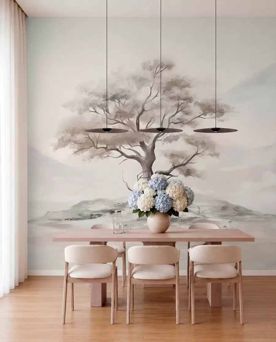 wall murals Минималистички цртеж усамљеног, искривљеног дрвета у пустом, стеновитом пејзажу са планинама у позадини w08604