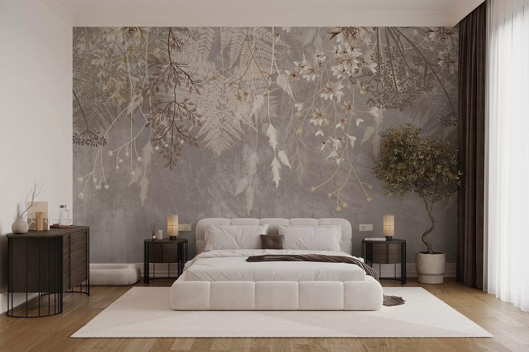 wall murals Сањиве, нежне, танке биљке, класови и цвеће у смеђим пастелним бојама на магловитој, текстурираној позадини w08606v1