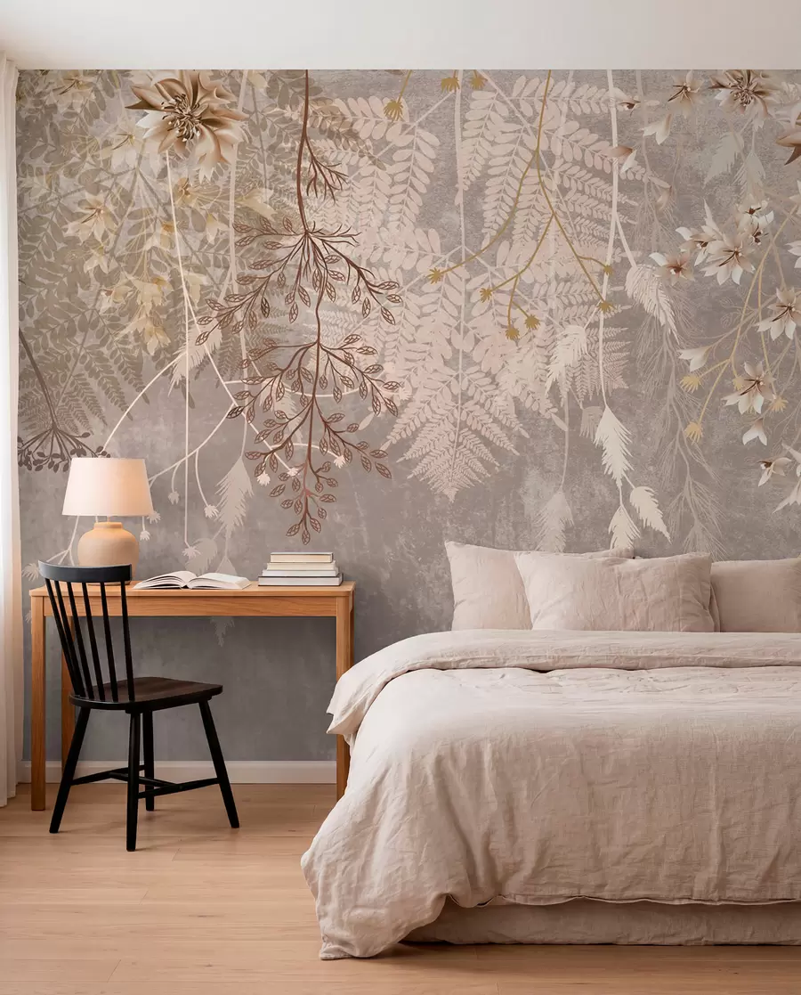 wall murals Сањиве, нежне, танке биљке, класови и цвеће у смеђим пастелним бојама на магловитој, текстурираној позадини w08606v1