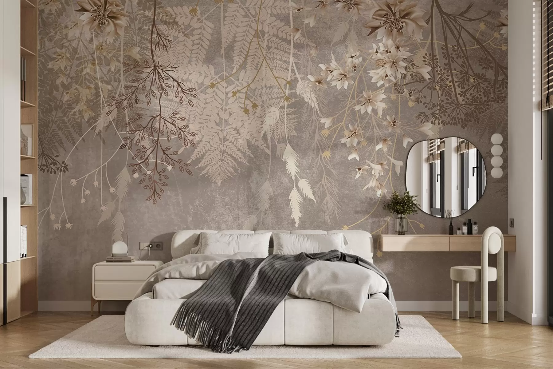 wall murals Сањиве, нежне, танке биљке, класови и цвеће у смеђим пастелним бојама на магловитој, текстурираној позадини w08606v1