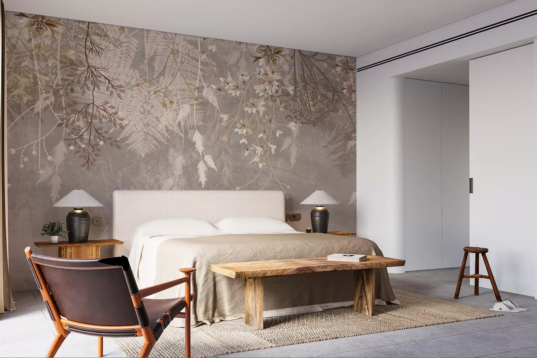 wall murals Сањиве, нежне, танке биљке, класови и цвеће у смеђим пастелним бојама на магловитој, текстурираној позадини w08606v1