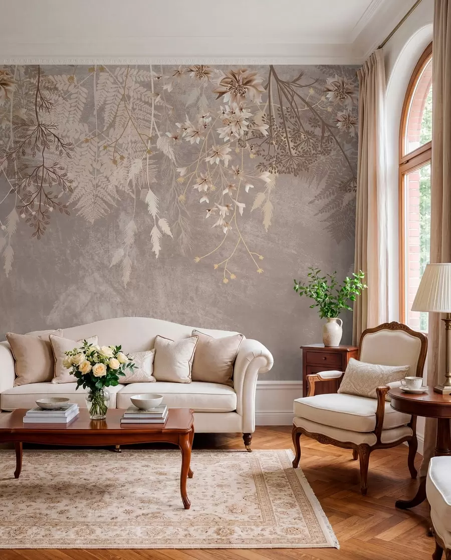 wall murals Сањиве, нежне, танке биљке, класови и цвеће у смеђим пастелним бојама на магловитој, текстурираној позадини w08606v1