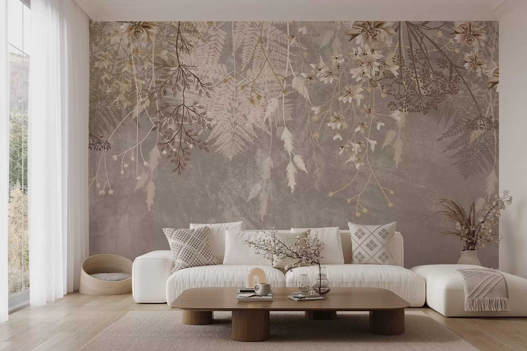 wall murals Сањиве, нежне, танке биљке, класови и цвеће у смеђим пастелним бојама на магловитој, текстурираној позадини w08606v1