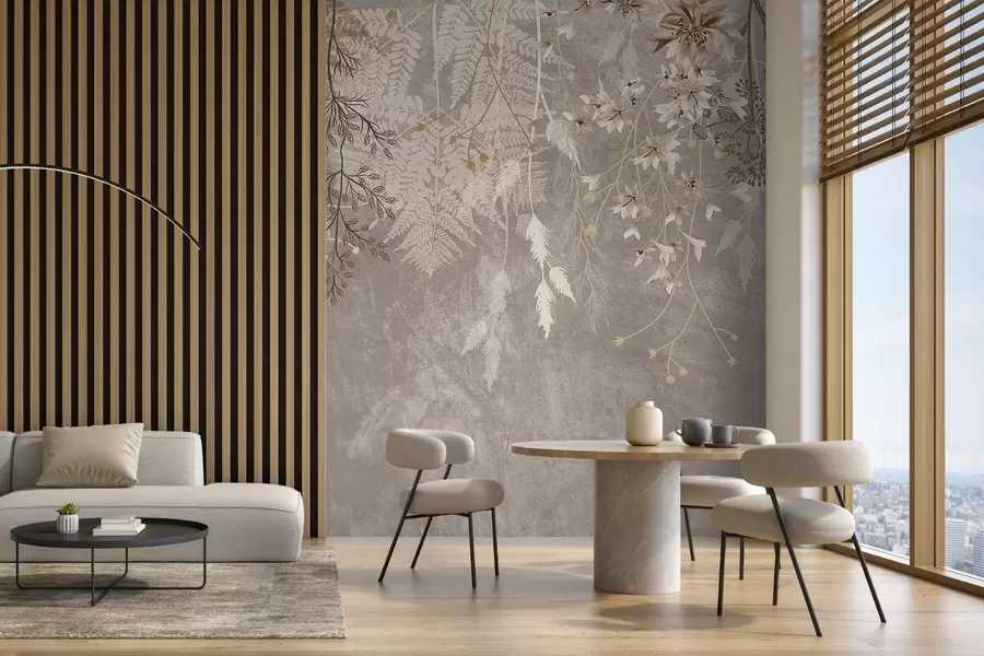 wall murals Сањиве, нежне, танке биљке, класови и цвеће у смеђим пастелним бојама на магловитој, текстурираној позадини w08606v1