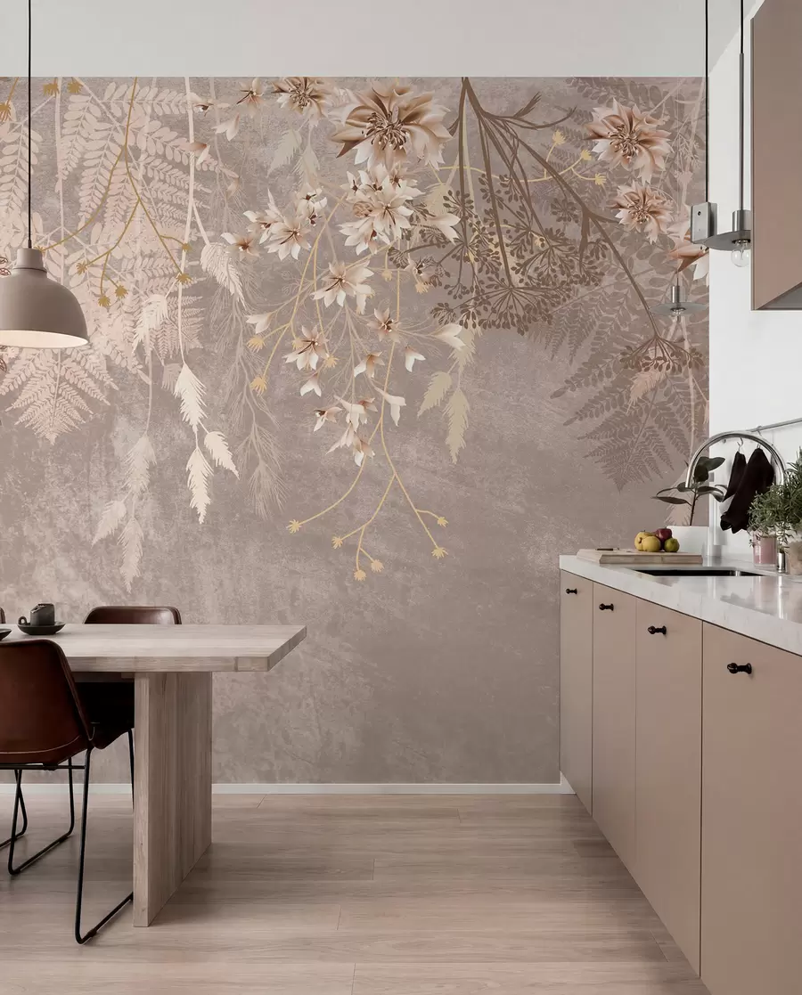 wall murals Сањиве, нежне, танке биљке, класови и цвеће у смеђим пастелним бојама на магловитој, текстурираној позадини w08606v1