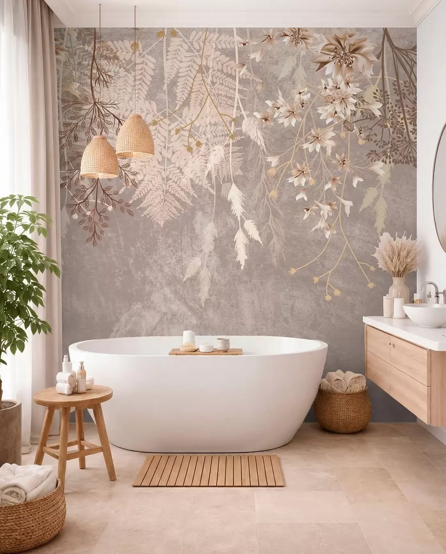 wall murals Сањиве, нежне, танке биљке, класови и цвеће у смеђим пастелним бојама на магловитој, текстурираној позадини w08606v1