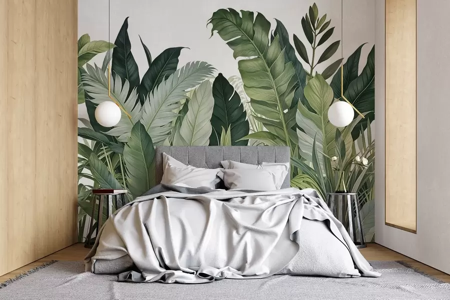 wall murals Тропско лишће са разним великим зеленим листовима, укључујући лишће банане, палмино лишће и друге егзотичне биљне врсте w08609