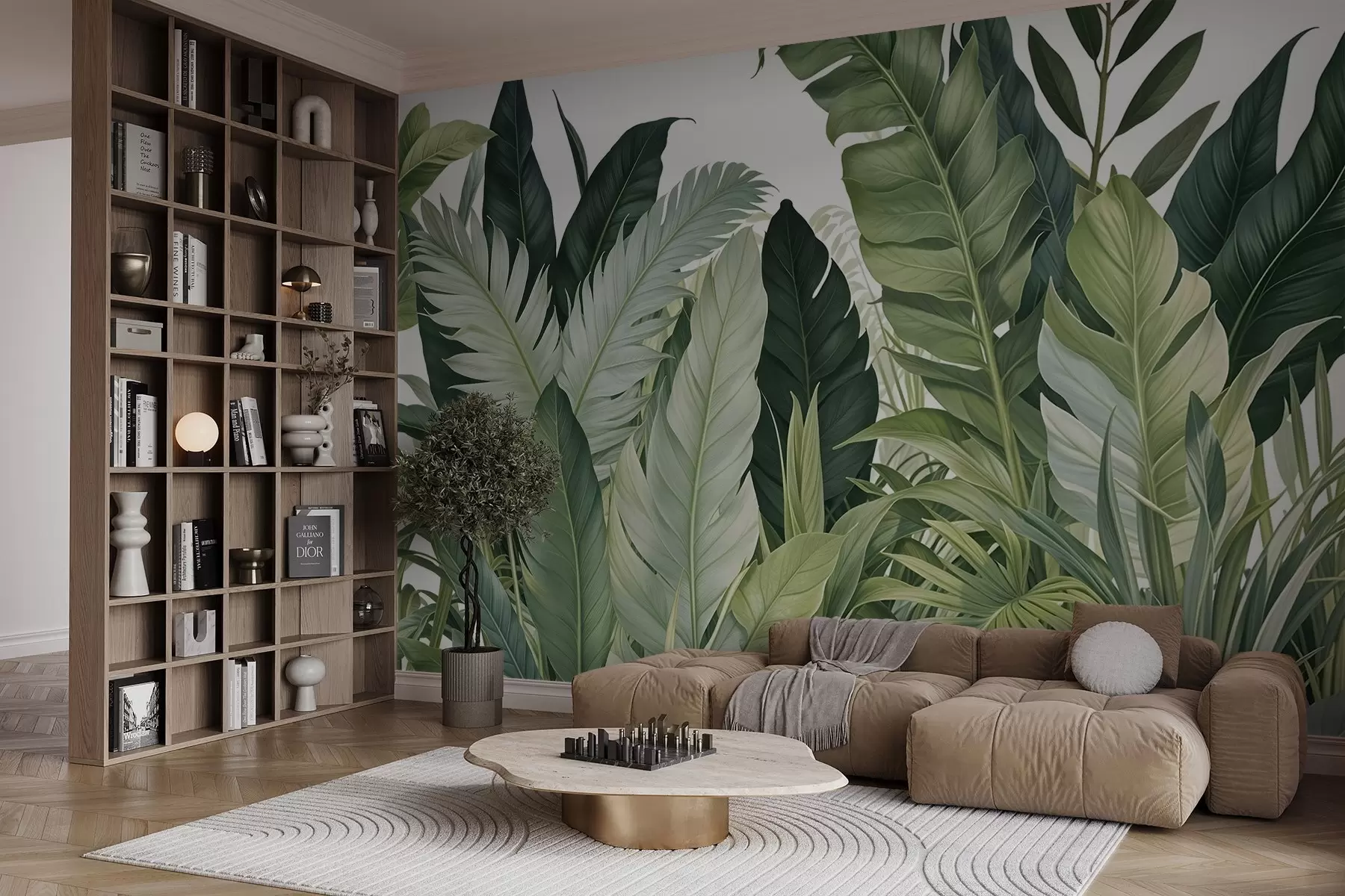 wall murals Тропско лишће са разним великим зеленим листовима, укључујући лишће банане, палмино лишће и друге егзотичне биљне врсте w08609