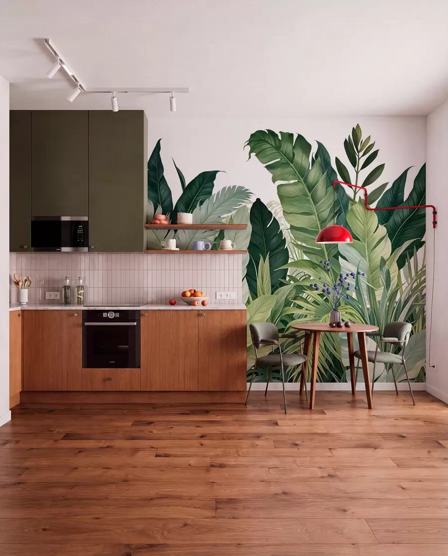 wall murals Тропско лишће са разним великим зеленим листовима, укључујући лишће банане, палмино лишће и друге егзотичне биљне врсте w08609