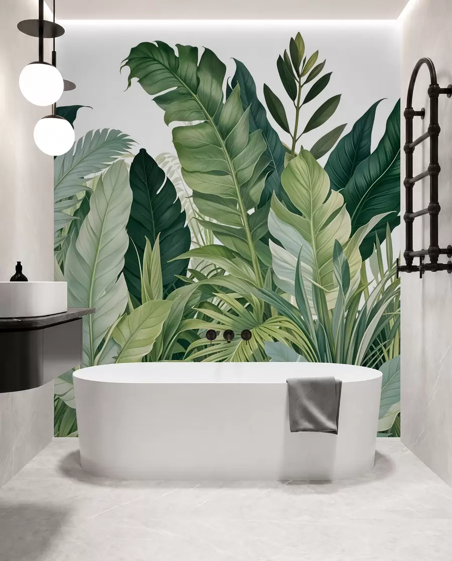 wall murals Тропско лишће са разним великим зеленим листовима, укључујући лишће банане, палмино лишће и друге егзотичне биљне врсте w08609
