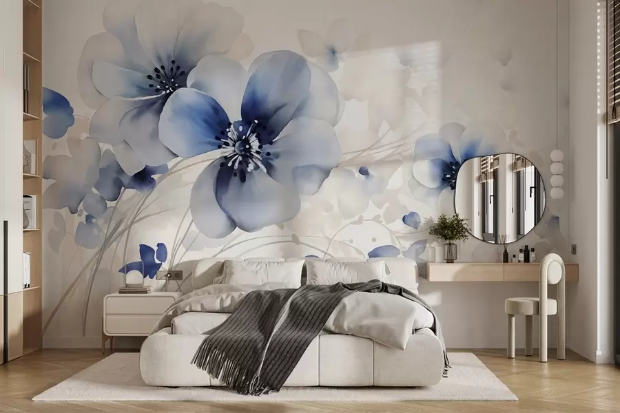wall murals Деликатно плаво и бело цвеће налик акварелу са меким латицама и замућеном позадином w08610