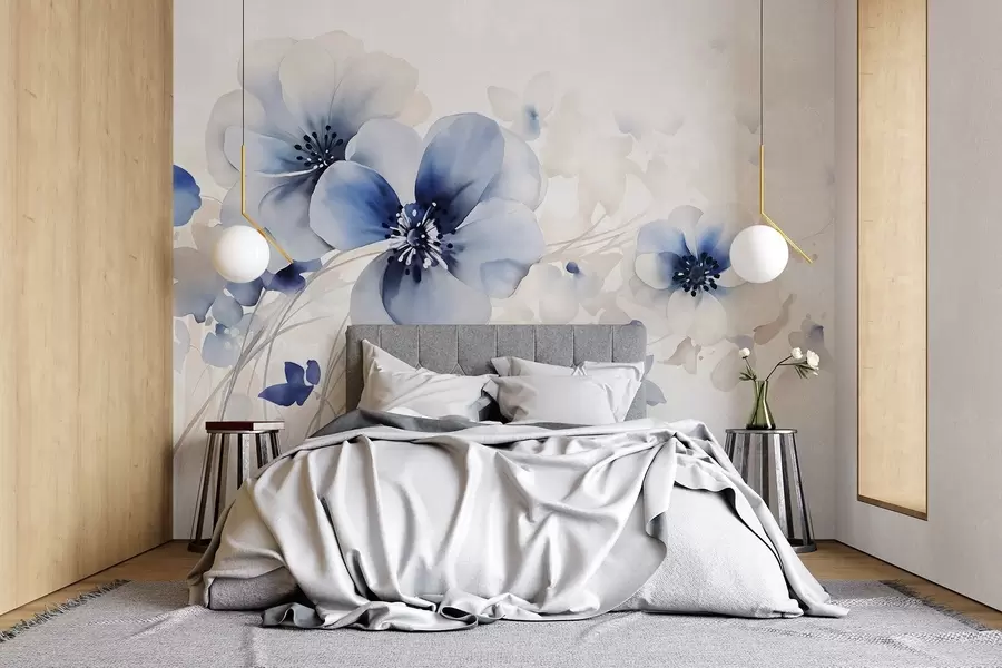 wall murals Деликатно плаво и бело цвеће налик акварелу са меким латицама и замућеном позадином w08610