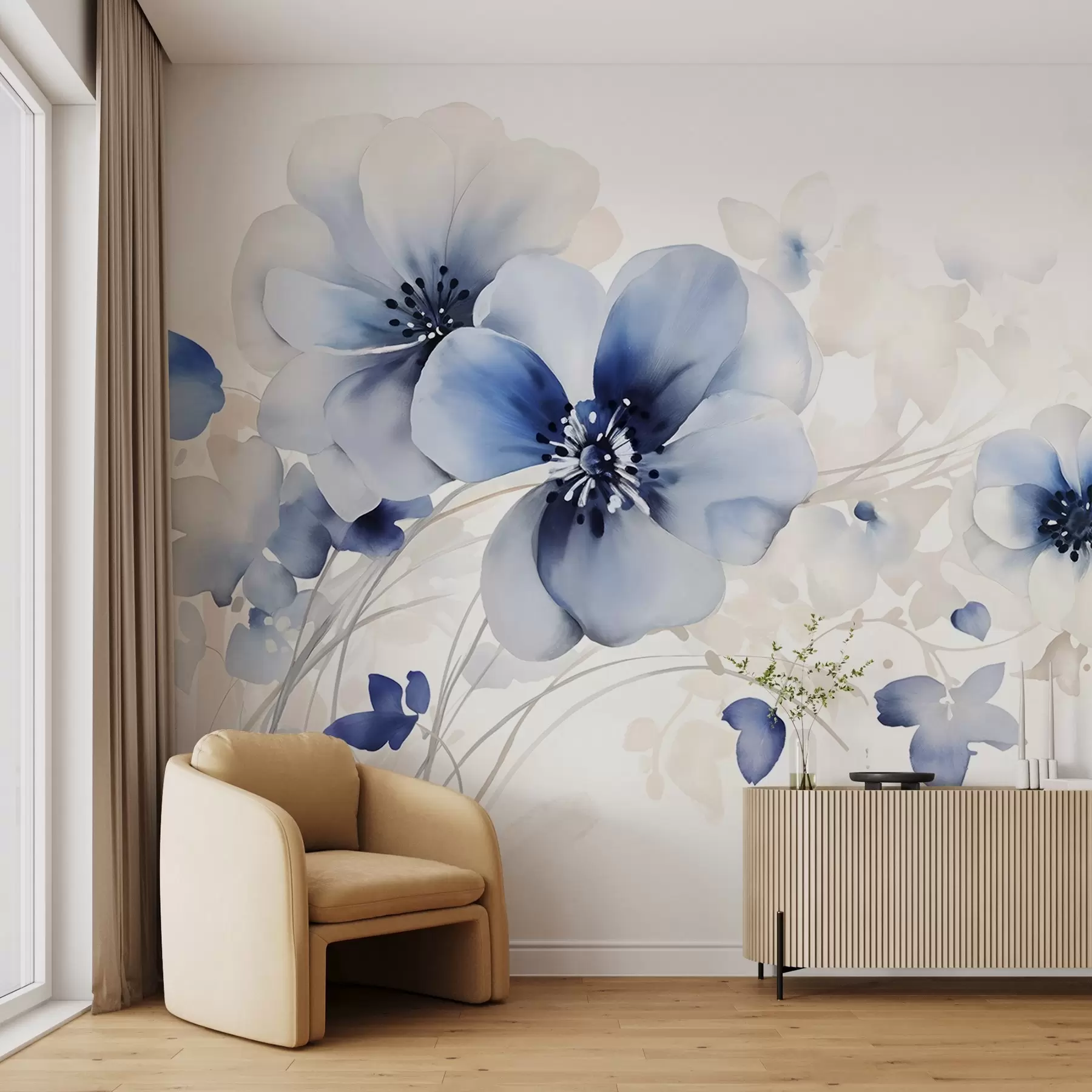 wall murals Деликатно плаво и бело цвеће налик акварелу са меким латицама и замућеном позадином w08610