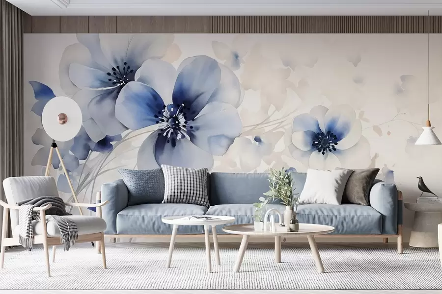 wall murals Деликатно плаво и бело цвеће налик акварелу са меким латицама и замућеном позадином w08610
