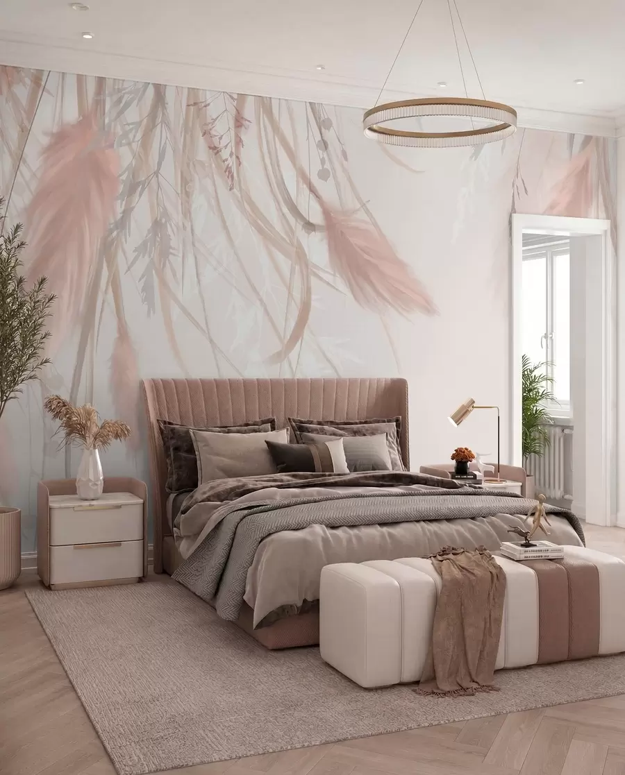 wall murals Мека, танка пампас трава и класови у нијансама беж и розе на светлој позадини w08611