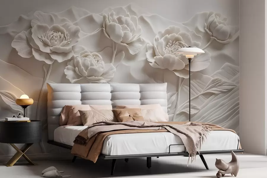 wall murals Бела цветна имитација рељефне скулптуре са великим, детаљним цветовима божура на обичној позадини w08612