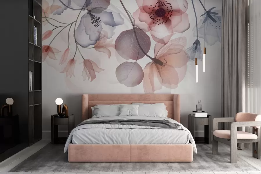 wall murals Нежно розе и сиво прозирно цвеће са меким латицама и тамним средиштима, на светлој позадини w08613