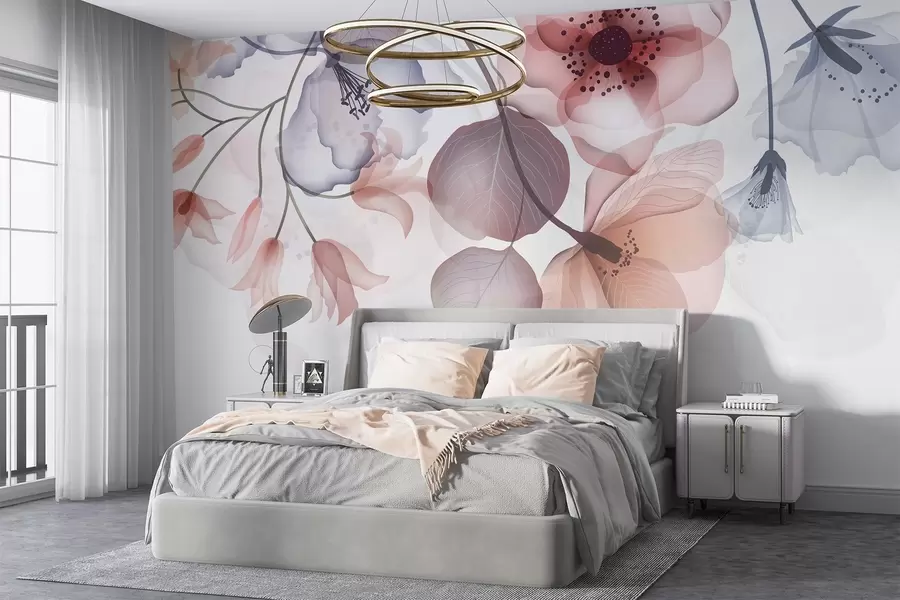 wall murals Нежно розе и сиво прозирно цвеће са меким латицама и тамним средиштима, на светлој позадини w08613