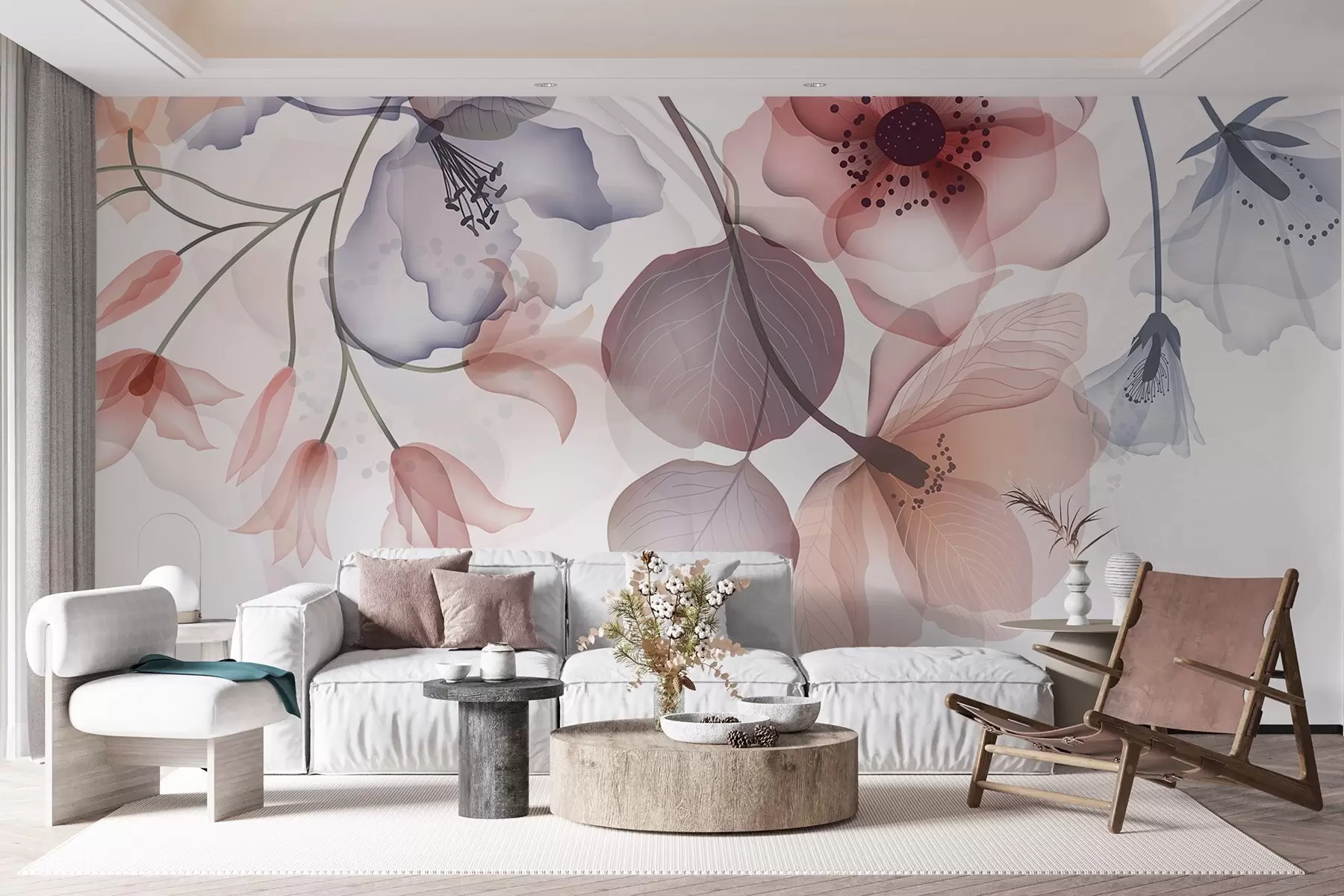 wall murals Нежно розе и сиво прозирно цвеће са меким латицама и тамним средиштима, на светлој позадини w08613