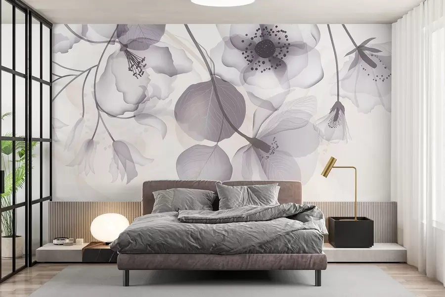 wall murals Деликатно сиво и беж прозирно цвеће са меким латицама и тамним срединама, на светлој позадини w08613v2