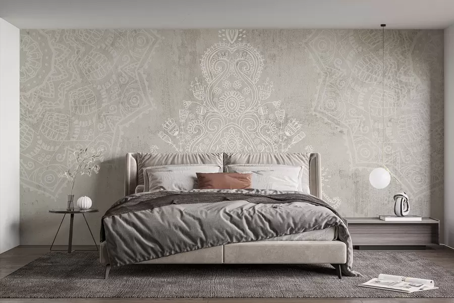 wall murals Детаљан, замршен отисак мандале од беле чипке на апстрактној позадини светло беж текстуре w08614