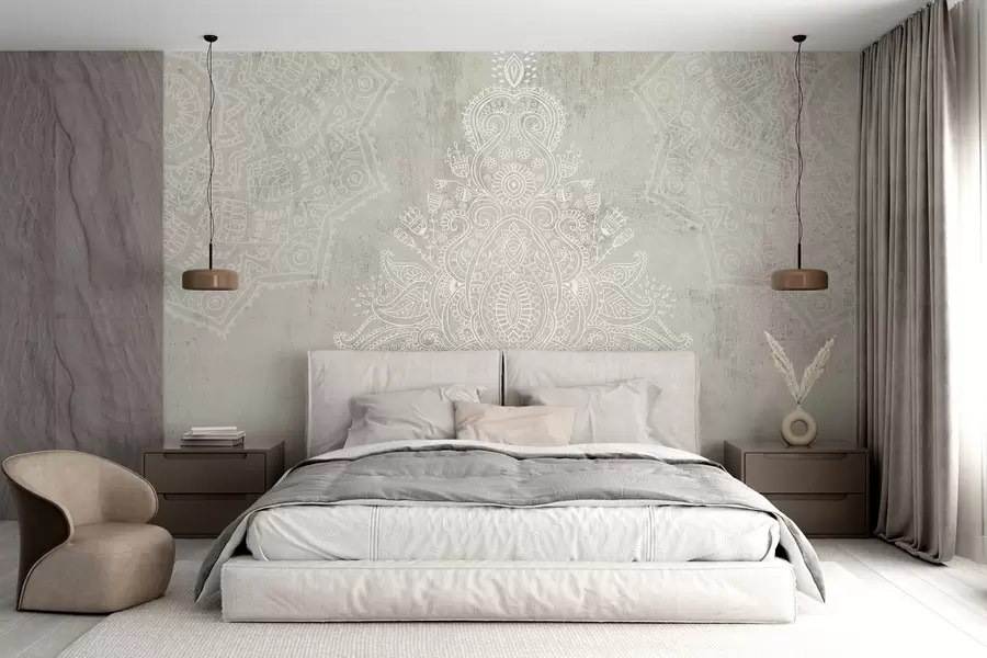 wall murals Детаљан, замршен отисак мандале од беле чипке на апстрактној позадини светло беж текстуре w08614