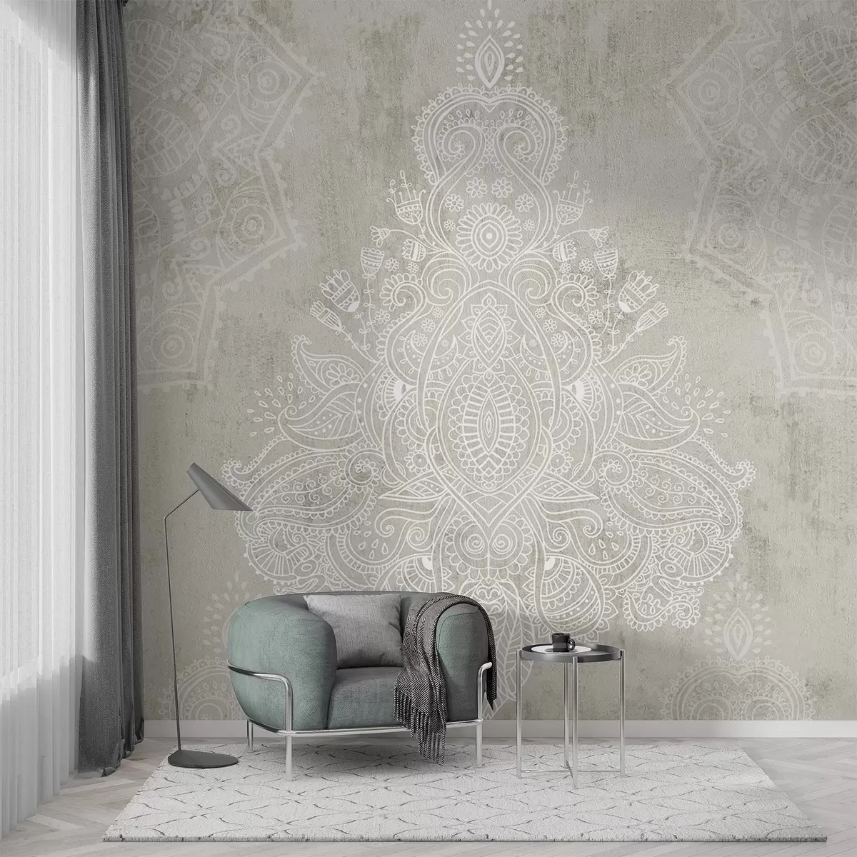 wall murals Детаљан, замршен отисак мандале од беле чипке на апстрактној позадини светло беж текстуре w08614