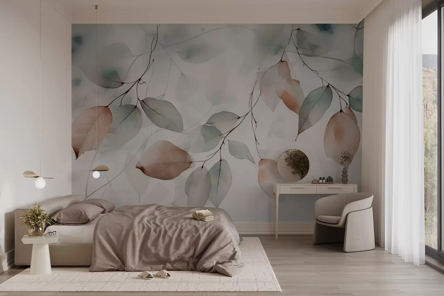 wall murals Апстрактне гране са листовима у стилу акварела w02718
