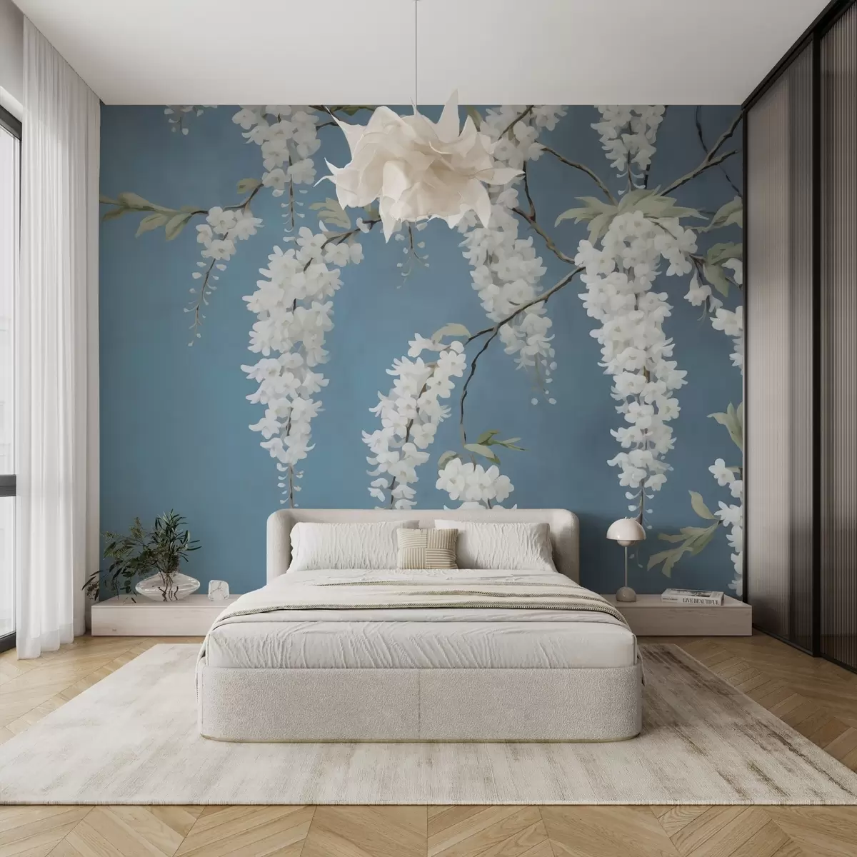 wall murals Бели багрем на плавој имитацији сликарства w02723