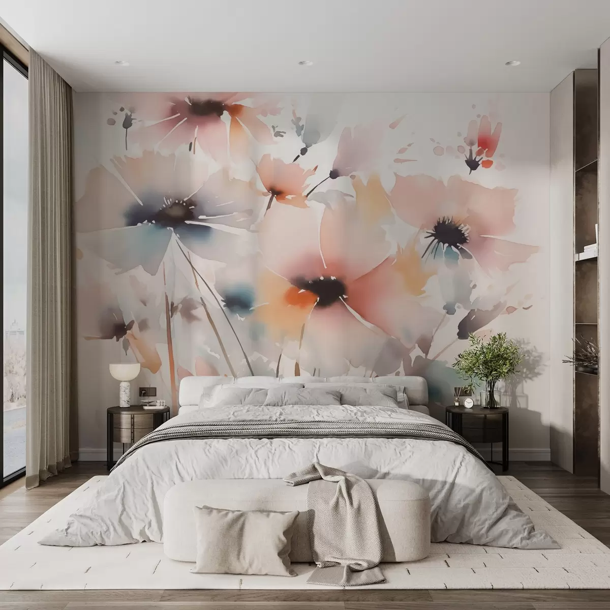 wall murals Силуете цвећа имитирају замагљени акварел w02726