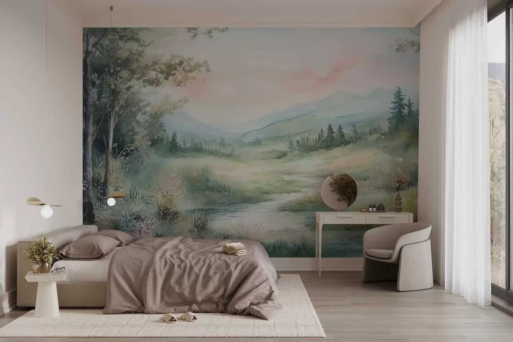 wall murals акварел пејзаж са стазом и планинама w02764