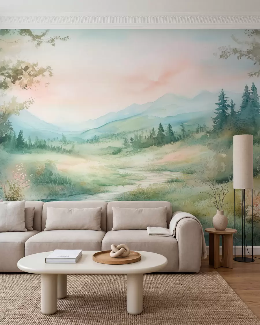 wall murals акварел пејзаж са стазом и планинама w02764