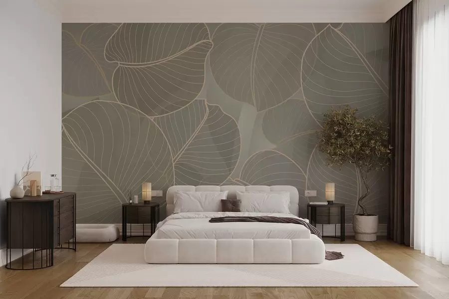 wall murals линеарно лишће августовског љиљана у беж тоновима w02768