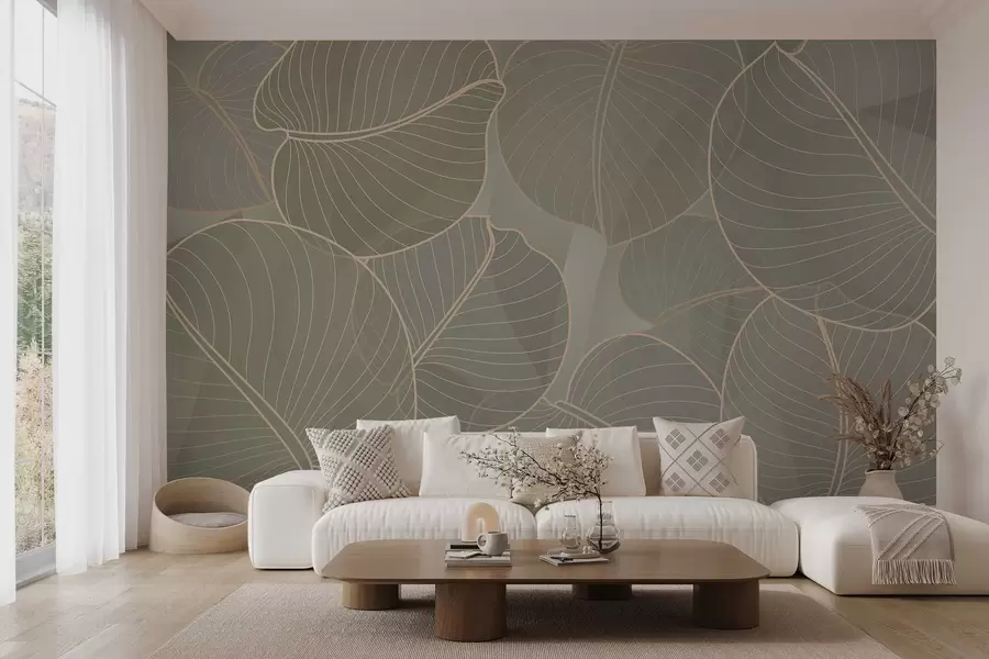 wall murals линеарно лишће августовског љиљана у беж тоновима w02768