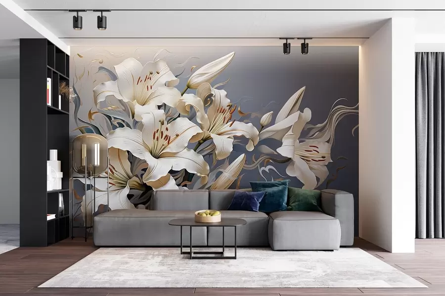 wall murals Софистицирани бели љиљани на сиво-плавој позадини w08633
