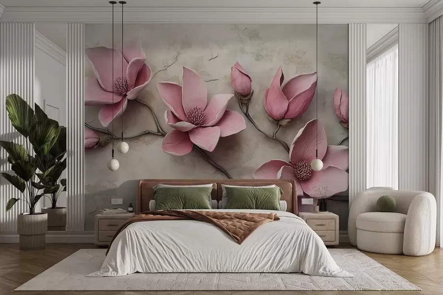 wall murals Ружичасте магнолије у стилу штукатуре w08635