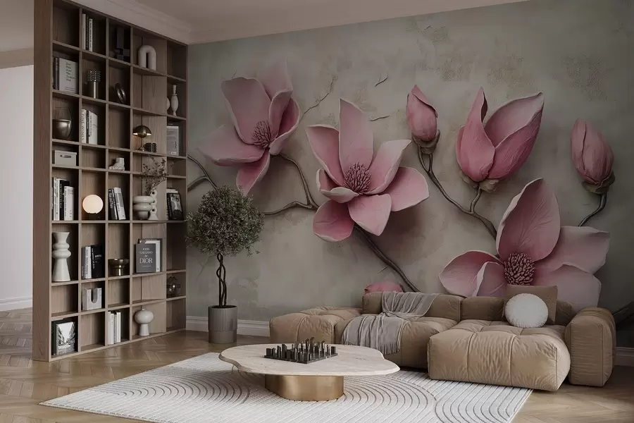 wall murals Ружичасте магнолије у стилу штукатуре w08635