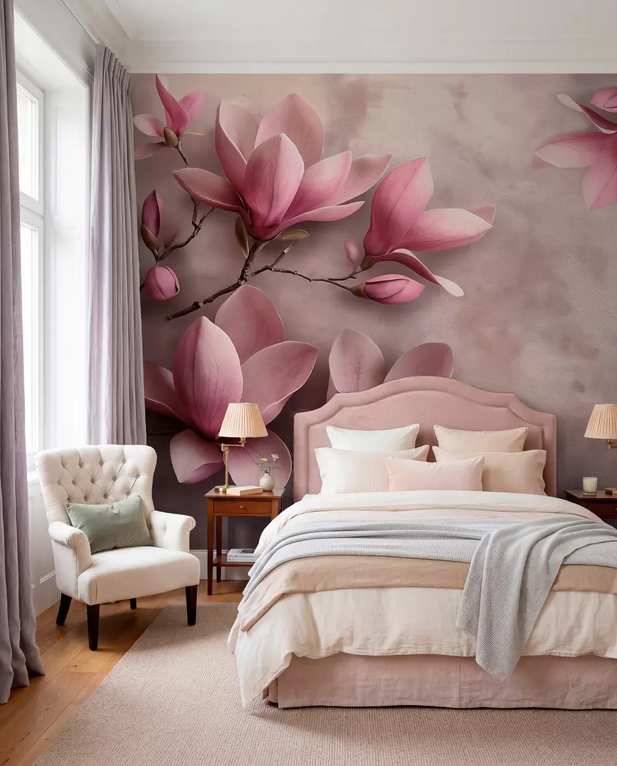 wall murals Нежне ружичасте магнолије на бетонском зиду w08636