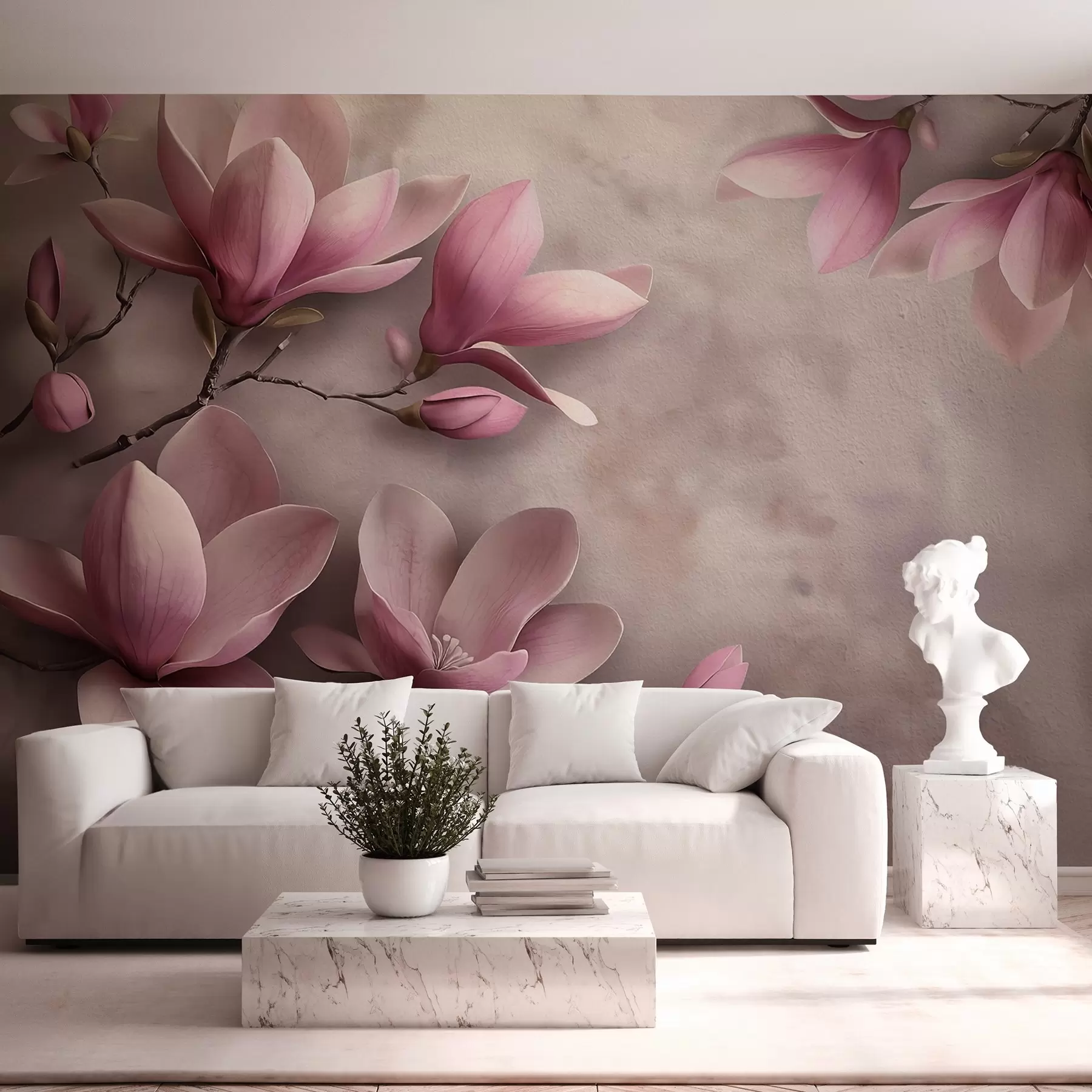 wall murals Нежне ружичасте магнолије на бетонском зиду w08636