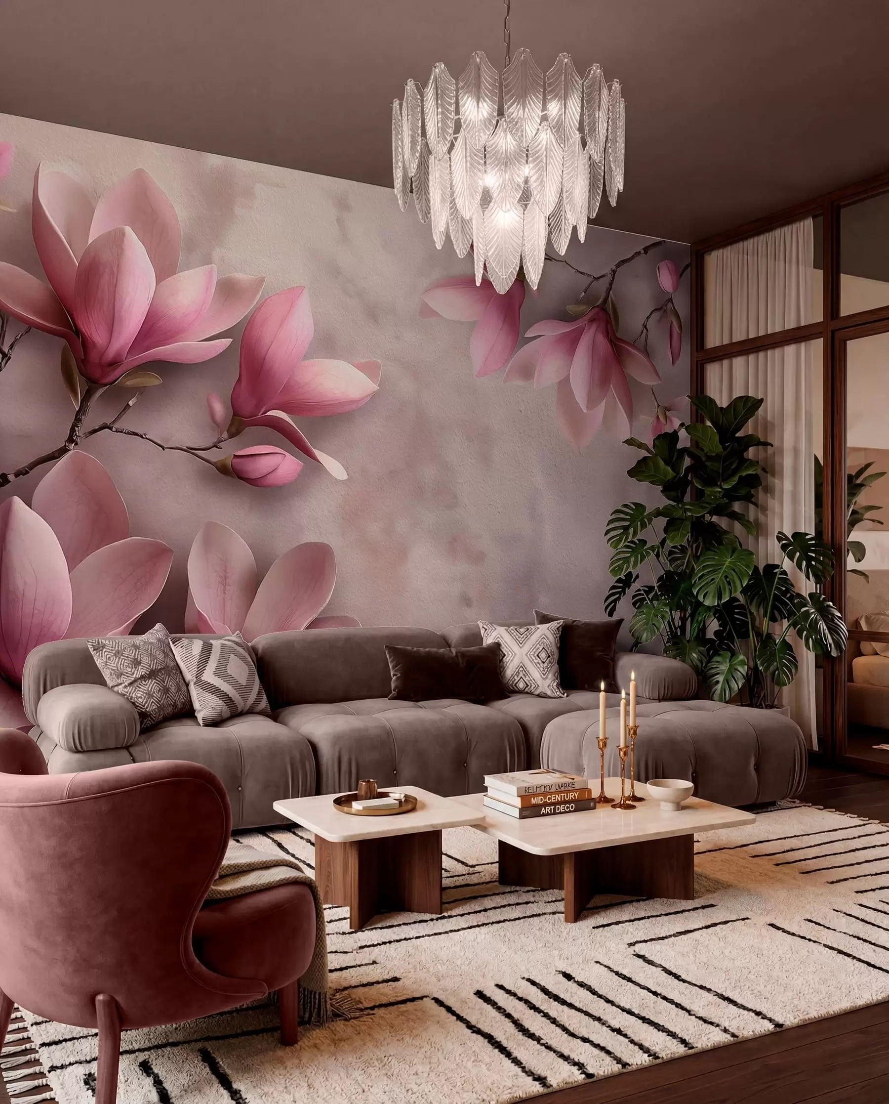 wall murals Нежне ружичасте магнолије на бетонском зиду w08636