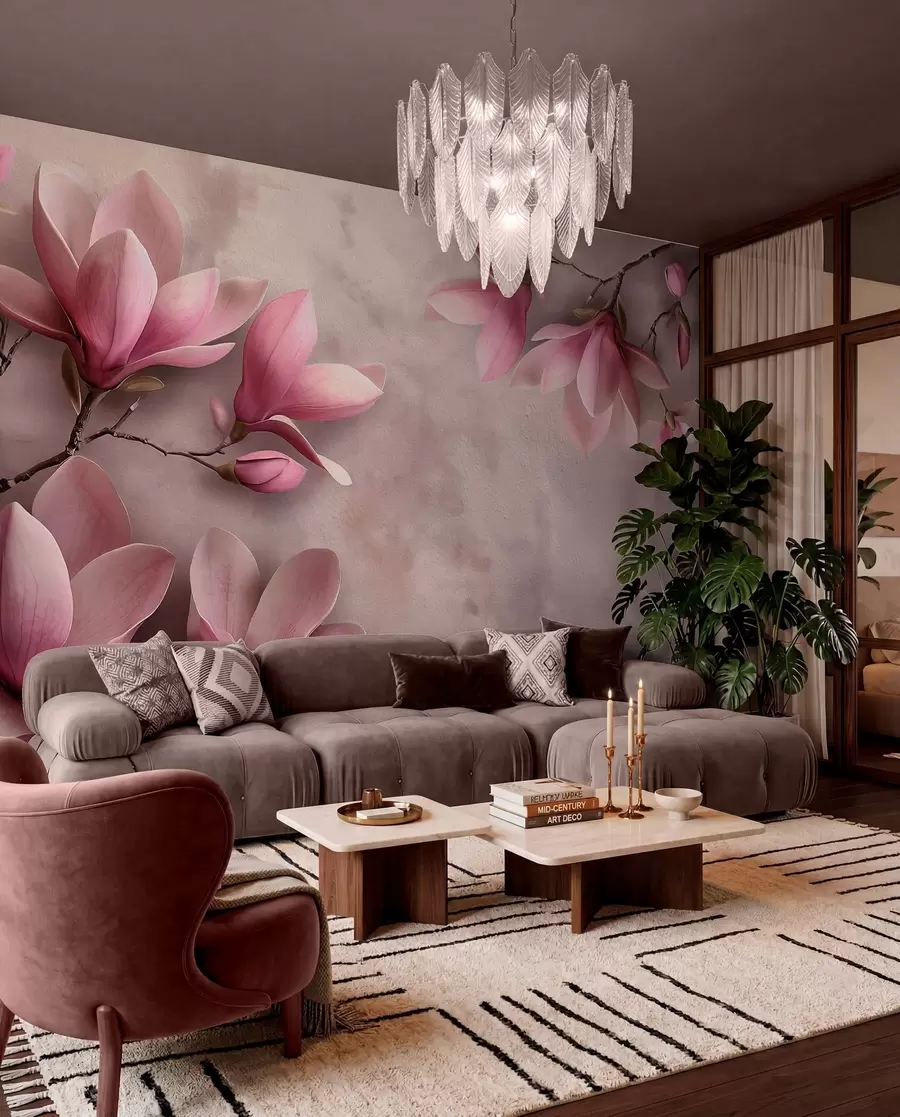 wall murals Нежне ружичасте магнолије на бетонском зиду w08636