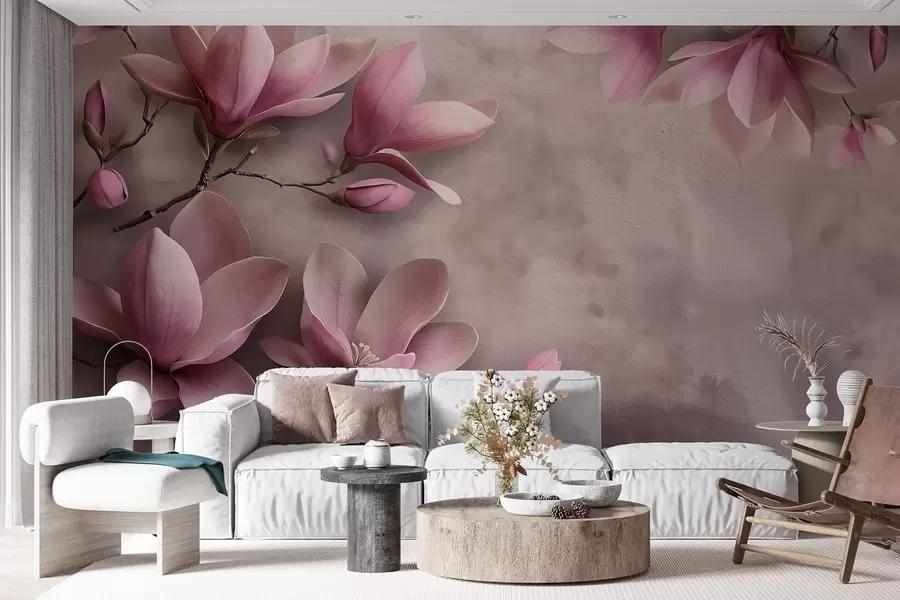 wall murals Нежне ружичасте магнолије на бетонском зиду w08636