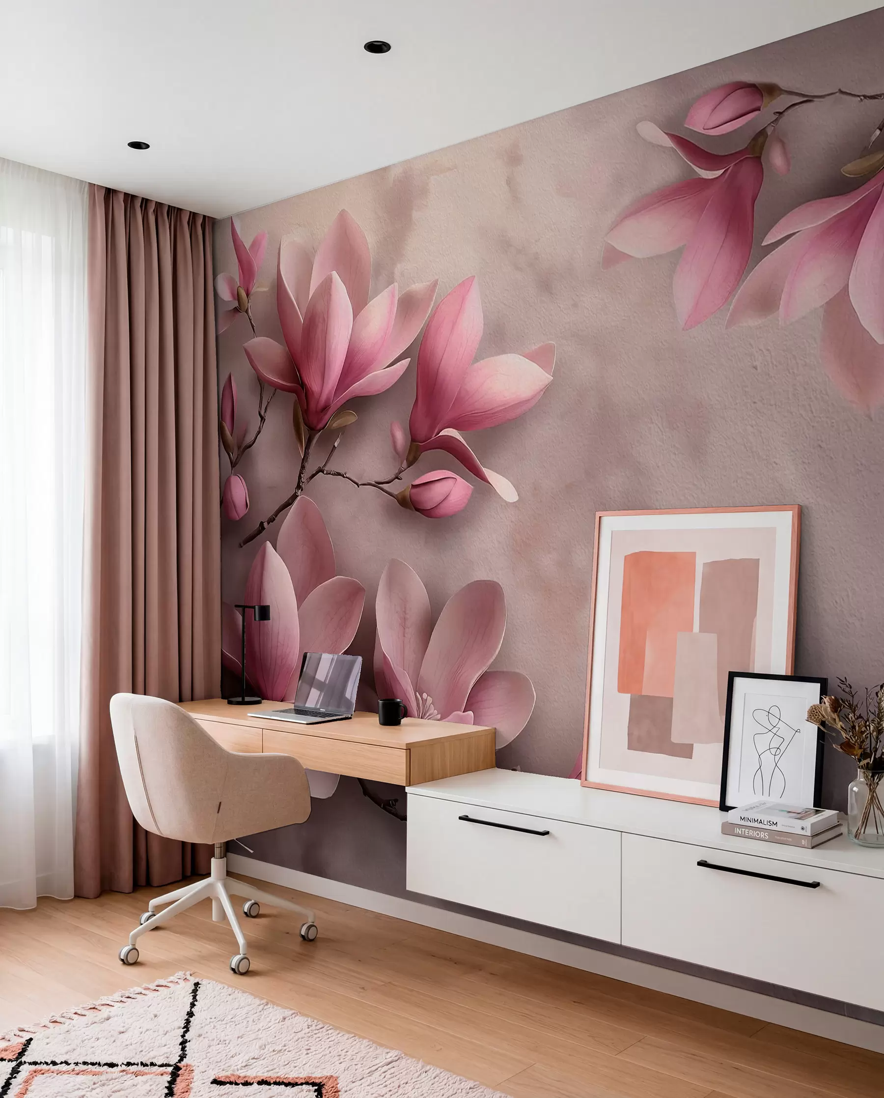 wall murals Нежне ружичасте магнолије на бетонском зиду w08636
