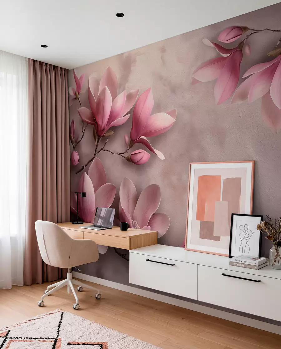 wall murals Нежне ружичасте магнолије на бетонском зиду w08636